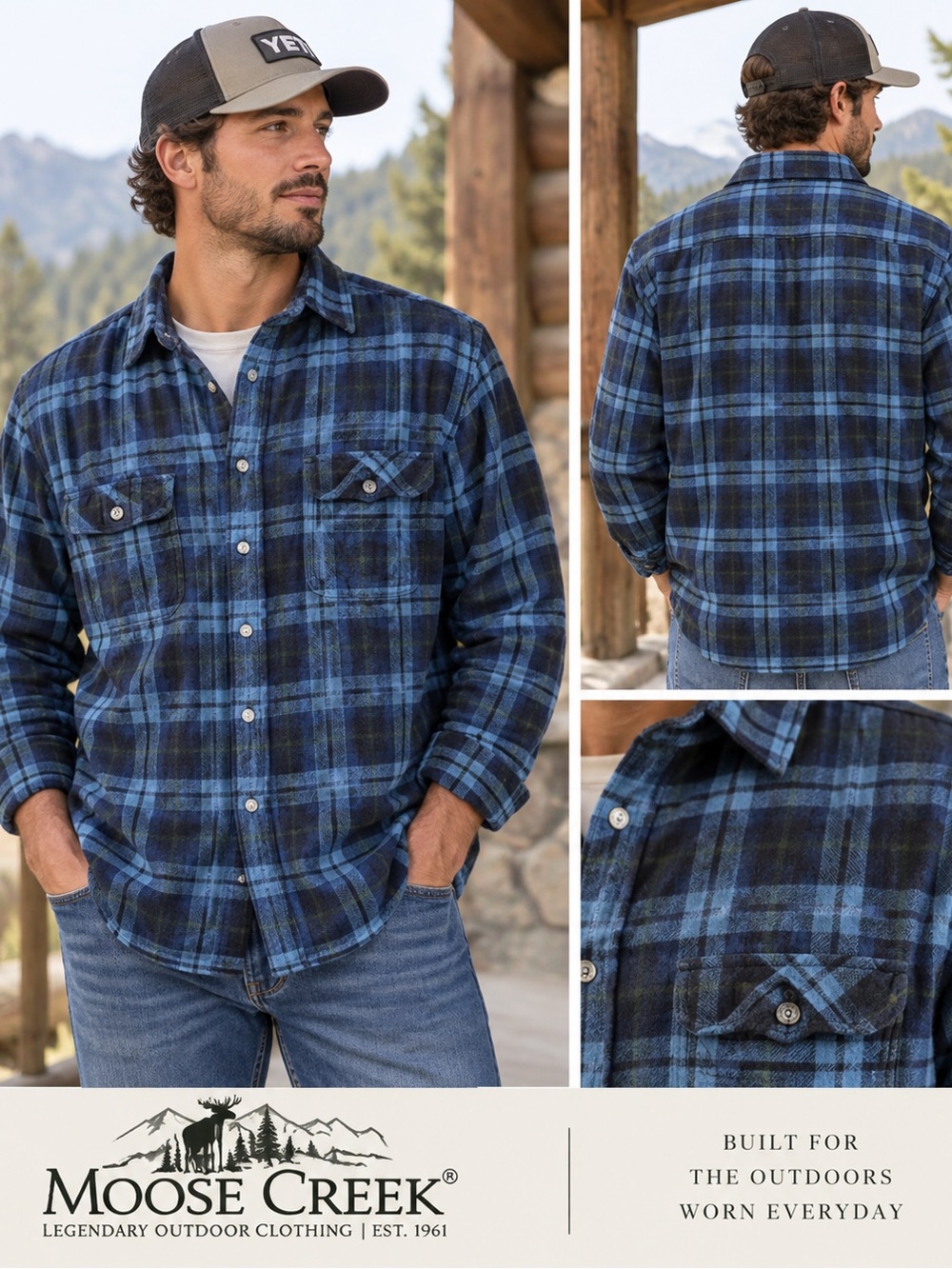 Moose Creek Men’s XL Blue Black Plaid Flannel Shirt 100% Cotton Y2K Workwear
